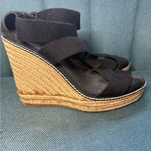 Tory Burch Black and Tan Wedge Sandals